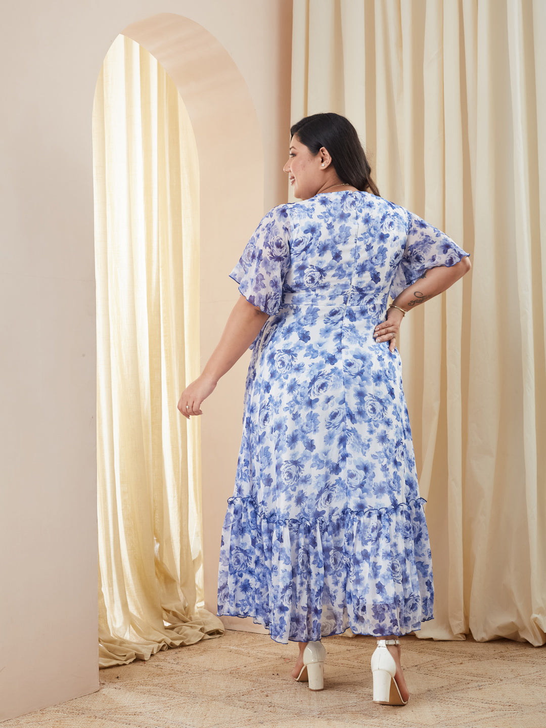 White & Blue Floral Wrap Chiffon Maxi Dress with White Base & Flutter Sleeves for Women