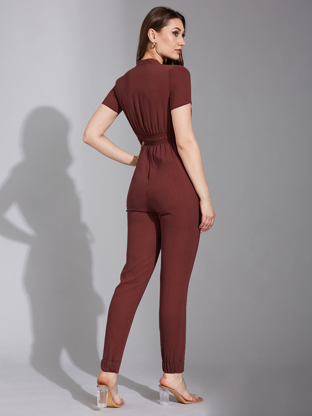 Women's Light Burgundy V-Neck Short Sleeve Solid Straight Leg Polyester Regular Jumpsuit
