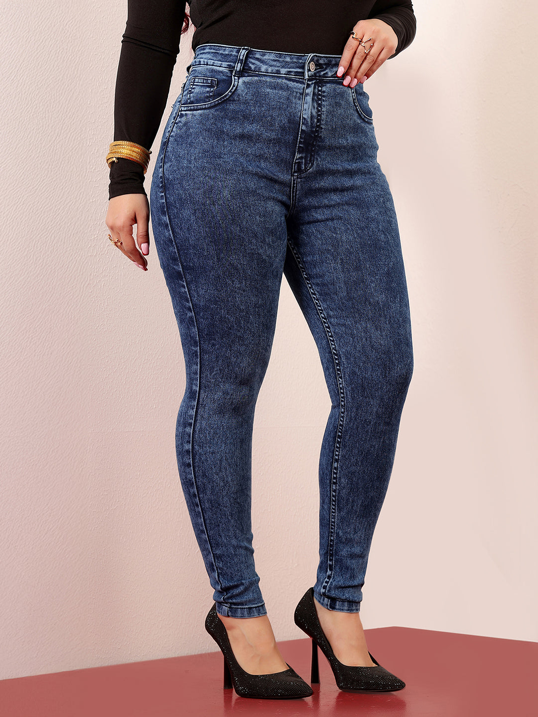 Women's Blue Skinny-Fit High-Rise Clean-Look Cropped Stretchable Denim Jeans