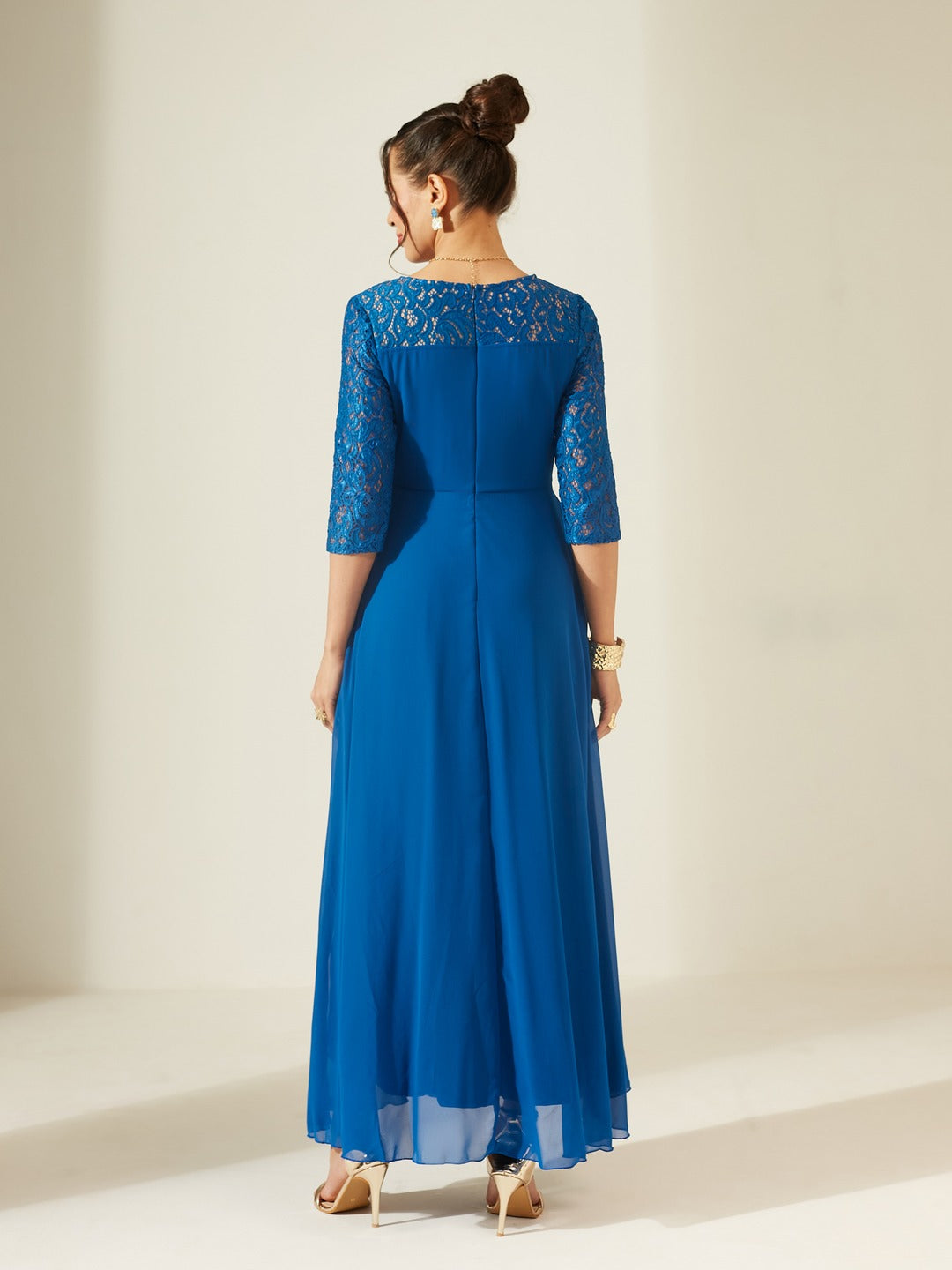 Royal Blue V-Neck 3/4 Sleeve Self-Designed Wrap-Styled Georgette Maxi Dress for Women