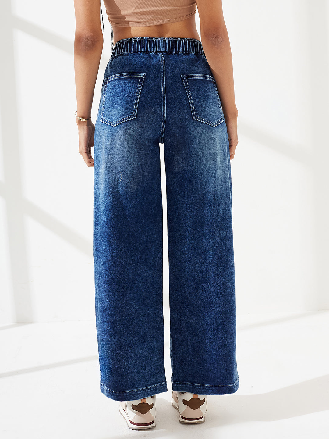 Navy Blue Wide Leg High-Rise Elasticated Waist Heavy Wash Stretchable Denim Jeans For Women