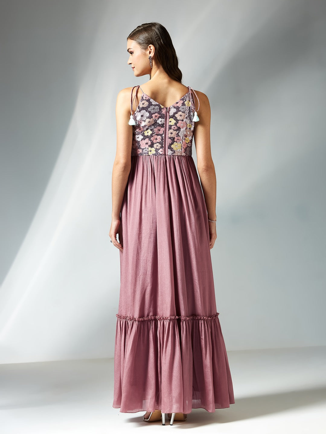 Mauve Floral Printed Sleeveless Maxi Dress for Women