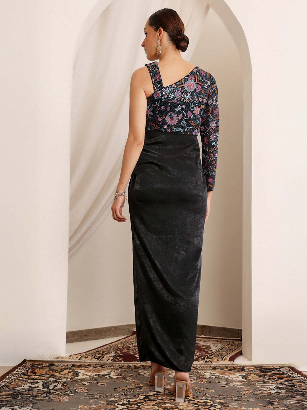 Women's Black One-Shoulder Full Sleeve Embroidered Pleated Satin Maxi Dress