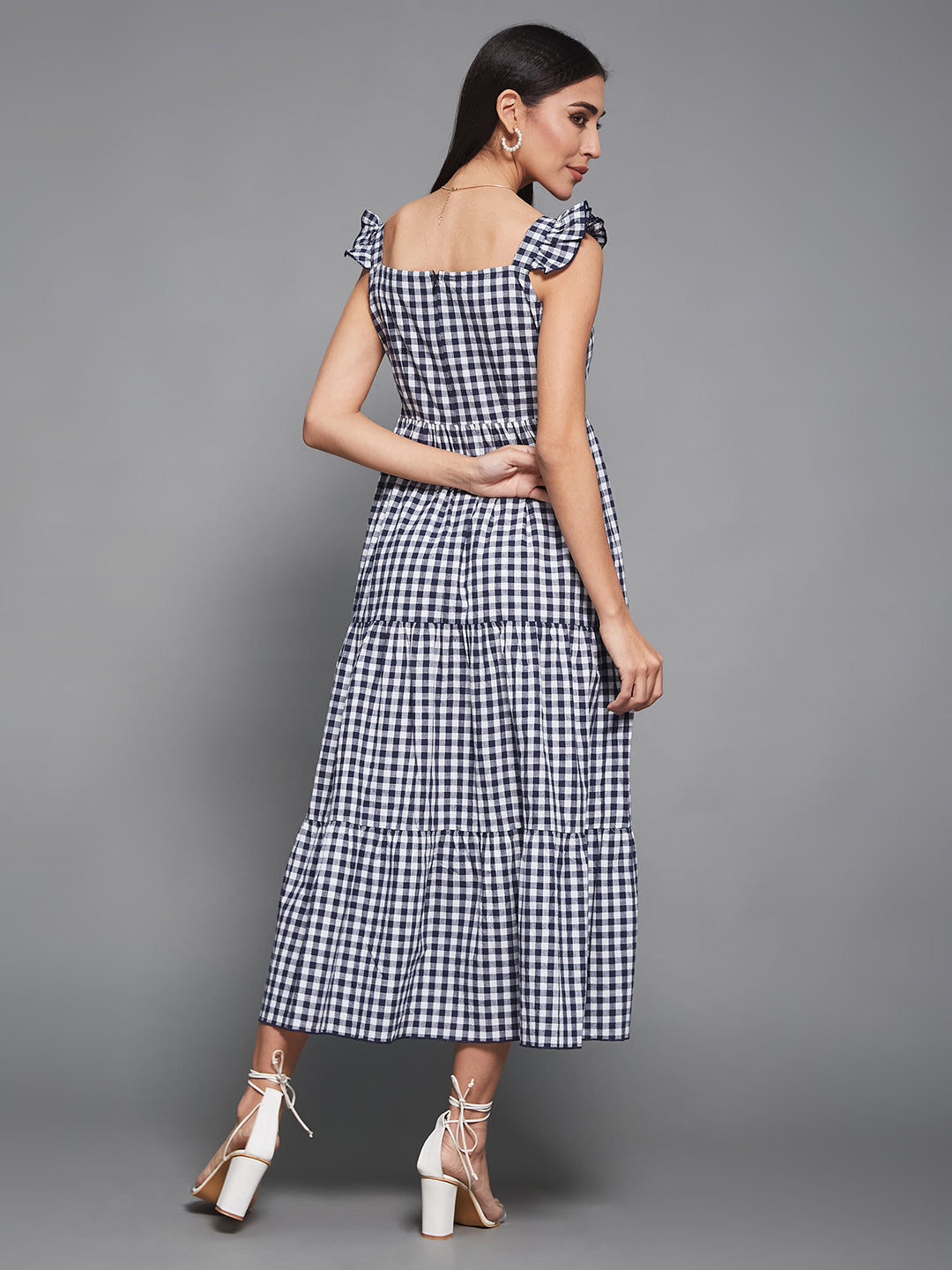 Navy & White Cotton Checkered Midi Tiered Dress