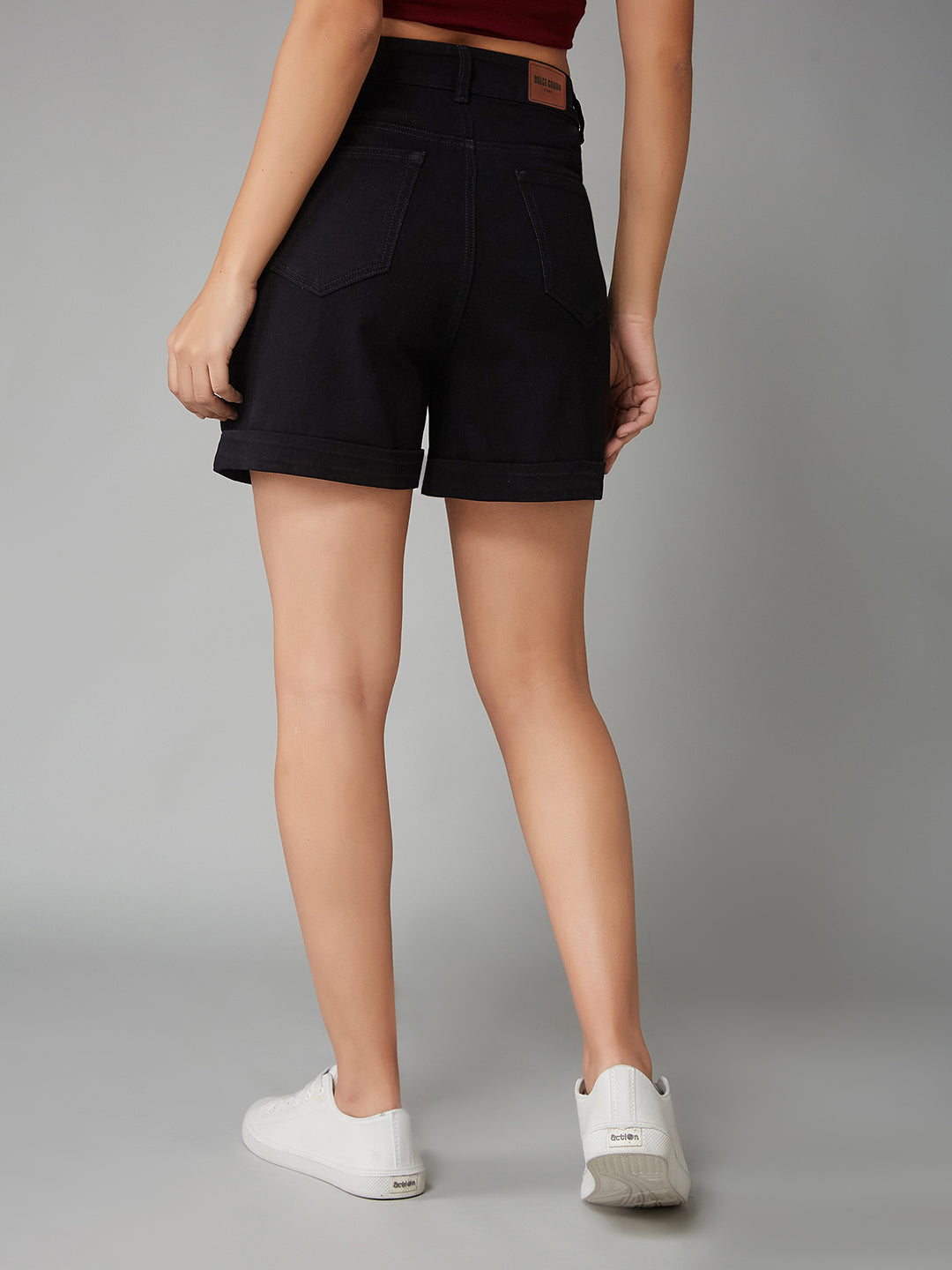 Black Flared High-Rise Clean-Look Regular Stretchable Denim Shorts for Women