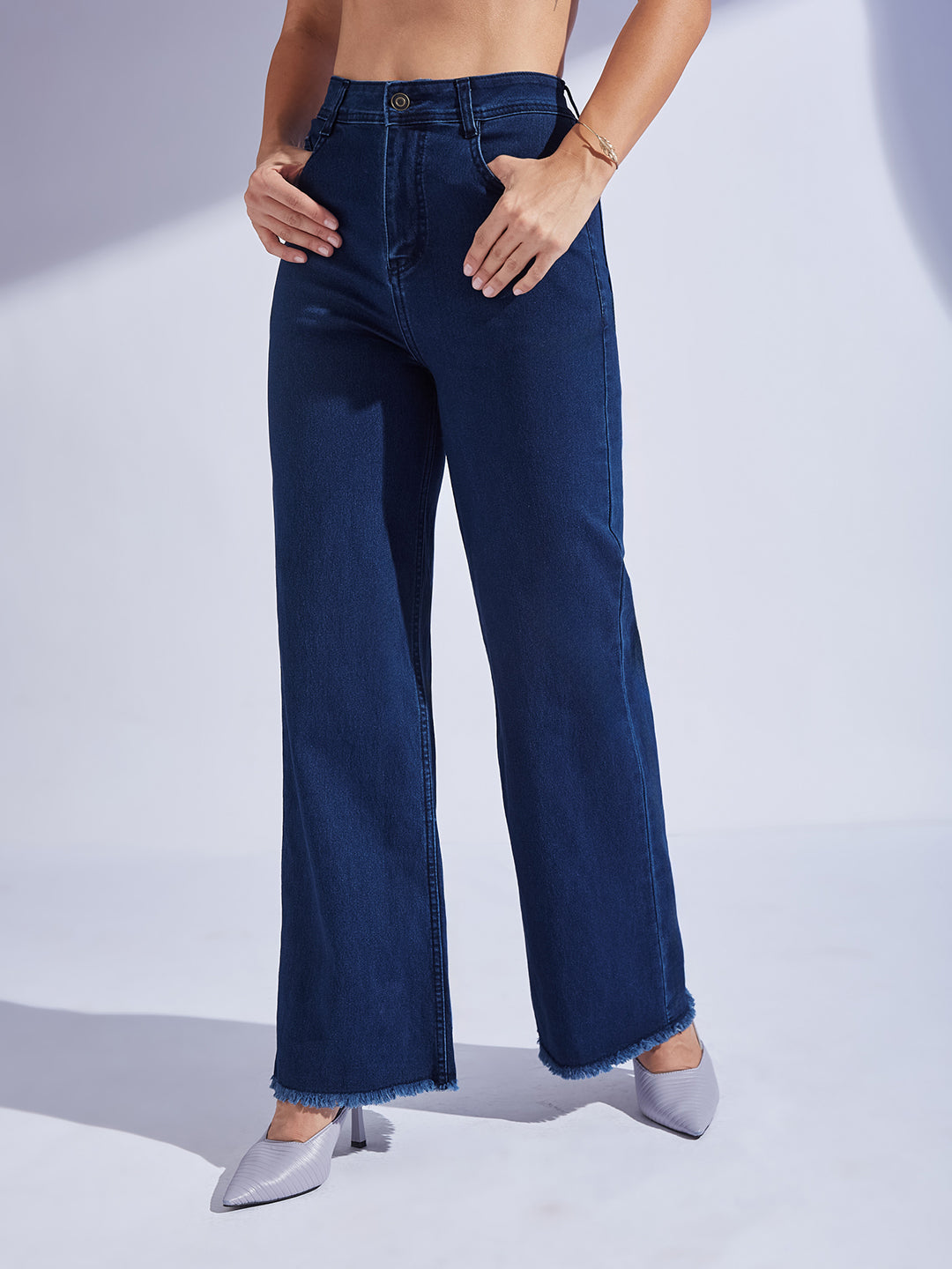 Women's Navy Blue Wide-Leg High-Rise Clean-Look Regular-Length Stretchable Denim Jeans