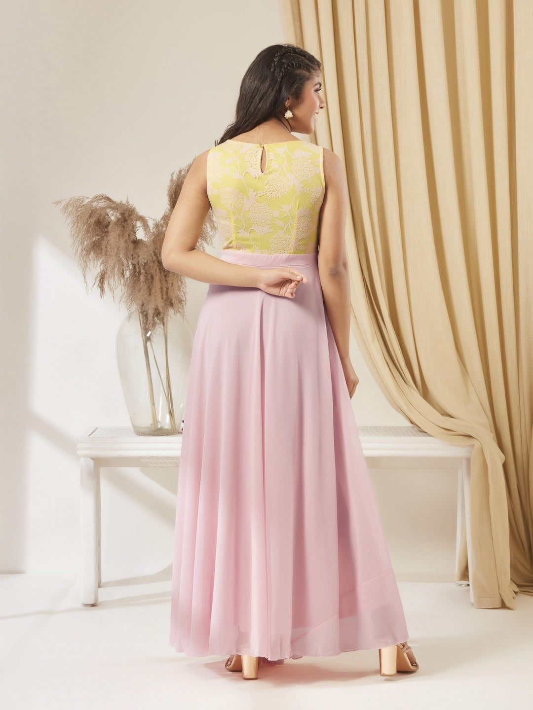 Dusty Pink Boat Neck Sleeveless Self Design Lace Overlaid Georgette Maxi Dress for Girls/Teenagers