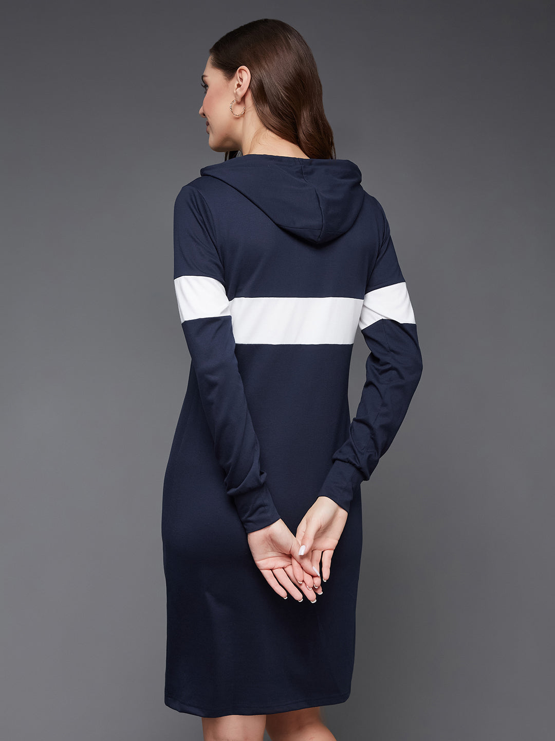 Women's Navy Blue and White Round Neck Full Sleeve Solid Knee-Long Hooded Dress
