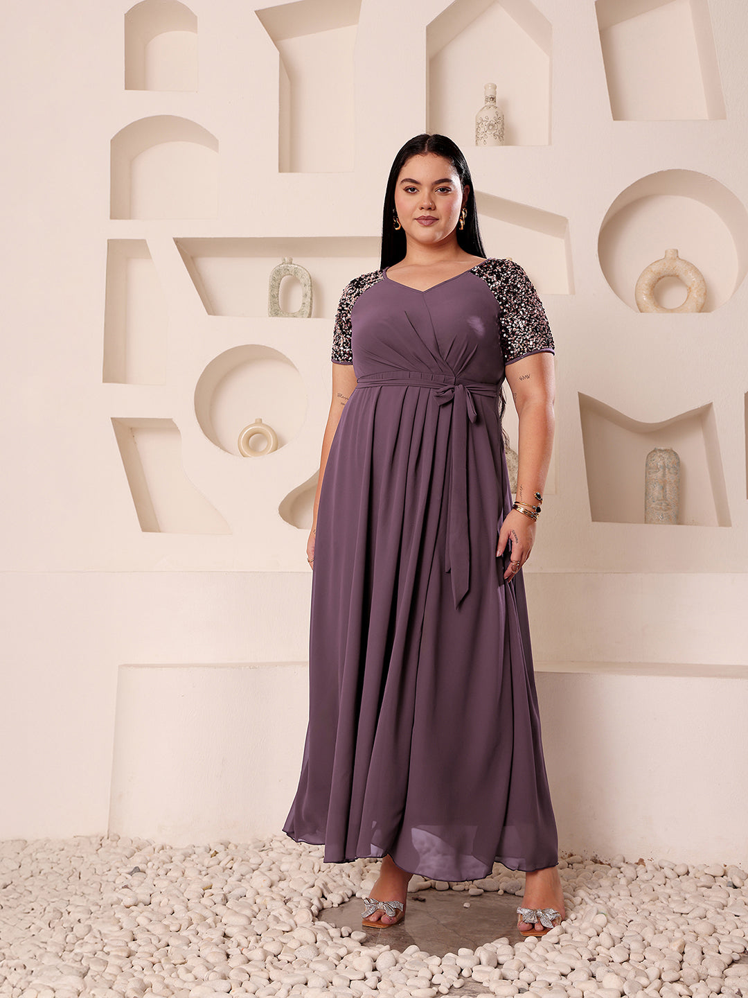 Mauve Half Sleeves Sequinned Fit and Flare Maxi Dress Long Dress Frock for Women