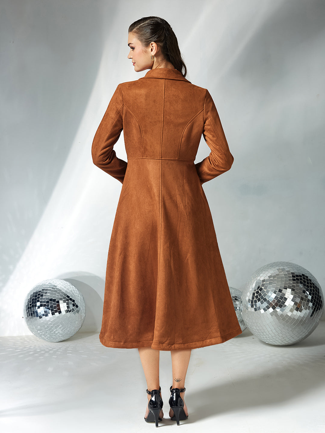 Women's Brown Solid V-Neck Full Sleeves Side Pocketed Polyester Double Breasted Longline Jacket