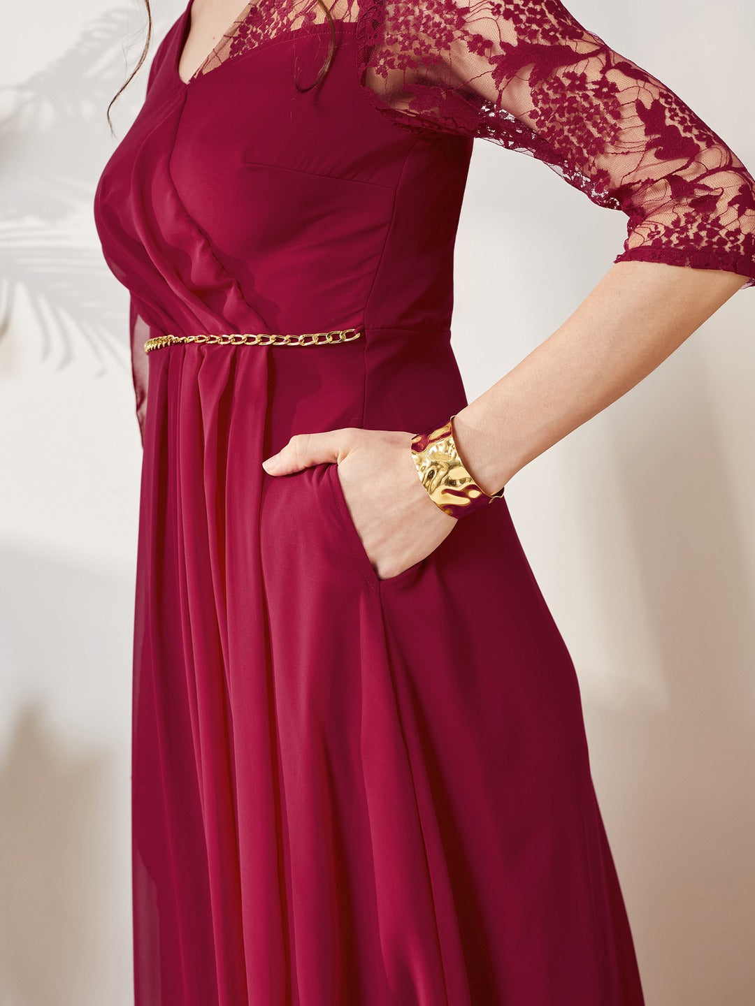 Dark Pink V-Neck Asymmetric Self-Designed Georgette Maxi Dress for Women