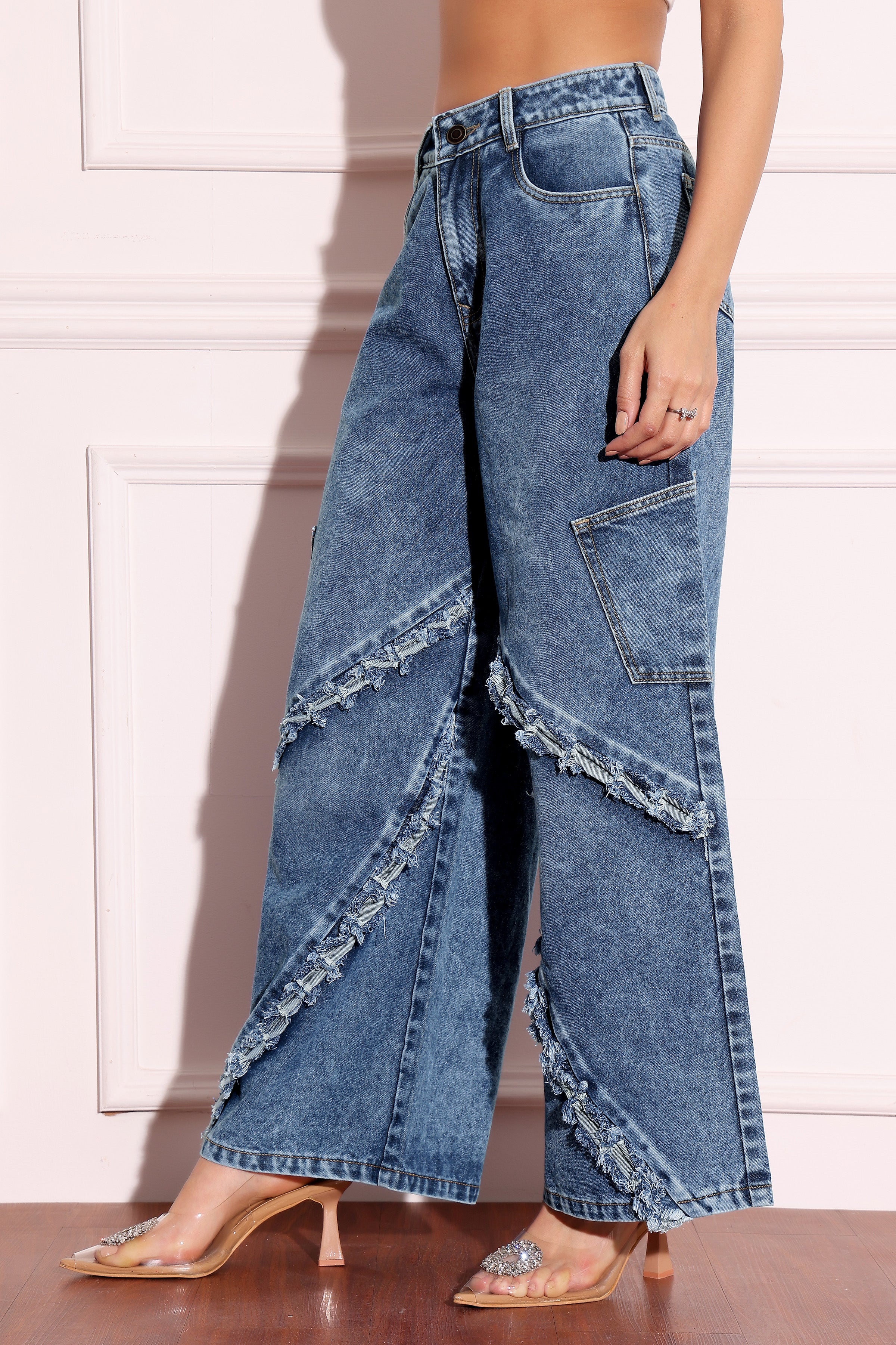 Women's Navy-Blue Wide-Leg High-Rise Highly-Distressed Regular-Length Denim Jeans