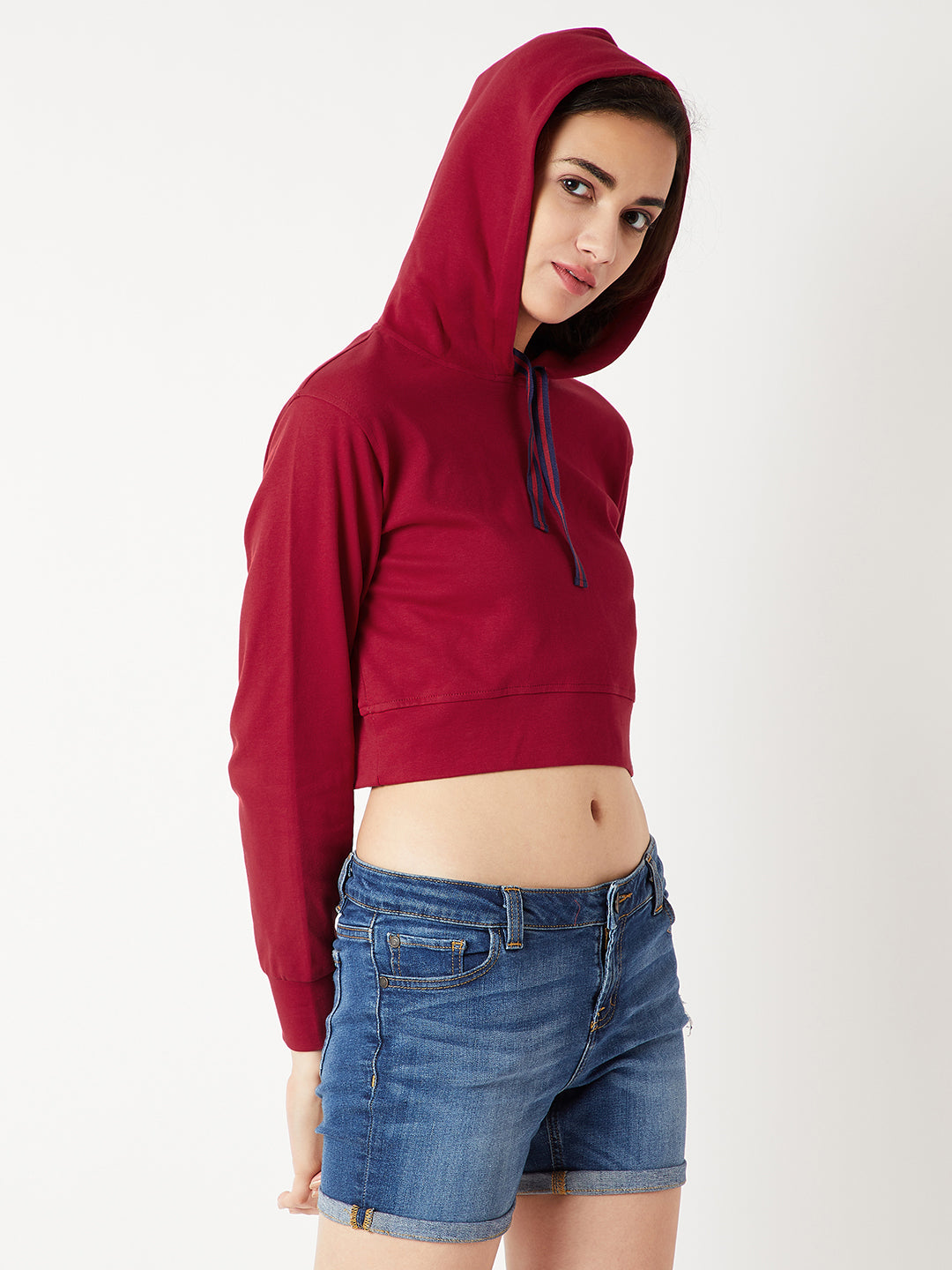 Women's Maroon Solid Round Neck Full Sleeve Hooded Boxy Multicolored Twill Tape Detailing Crop Sweatshirt