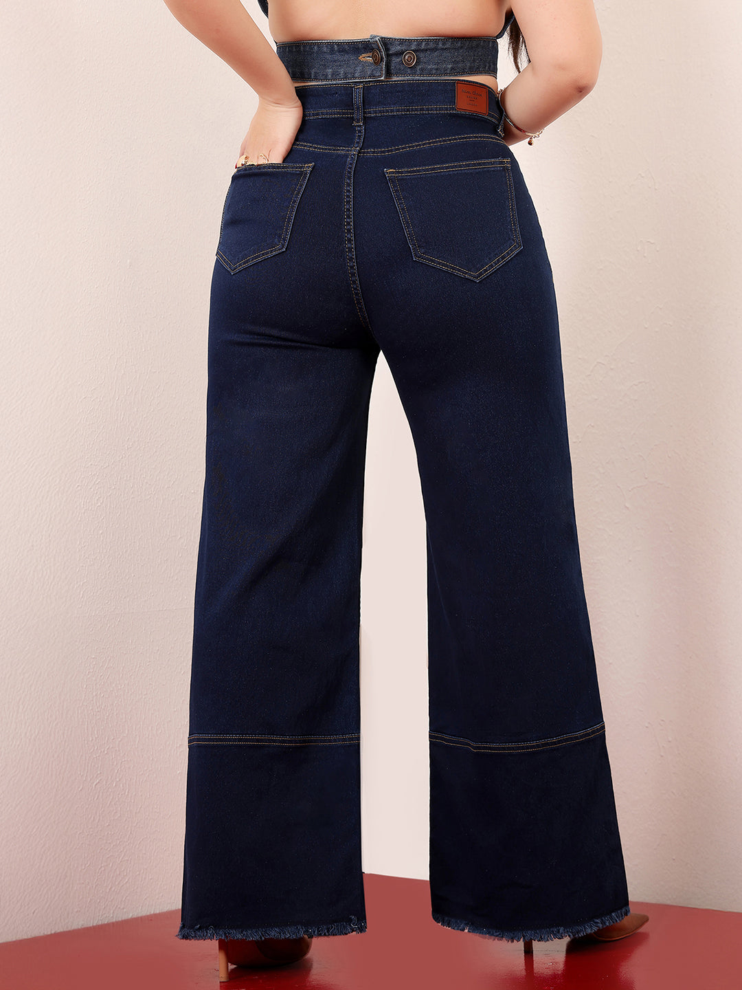 Women's Navy Blue Wide-Leg High-Rise Clean-Look Stretchable Denim Jeans