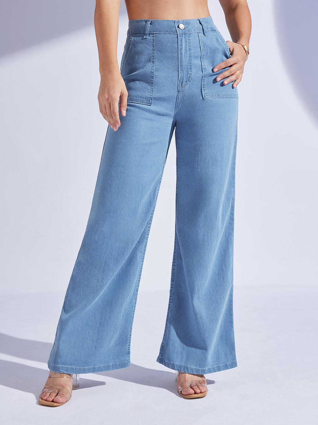 Women's Dark-Blue Flared High-Rise Stretchable Denim Maxi Skirt