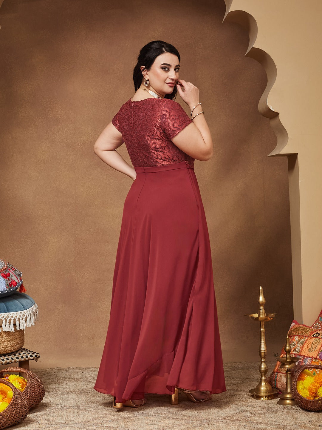Brick Red V-Neck Short Sleeve Self-Designed Lace Overlaid Georgette Maxi Dress for Women — Miss Chase A+
