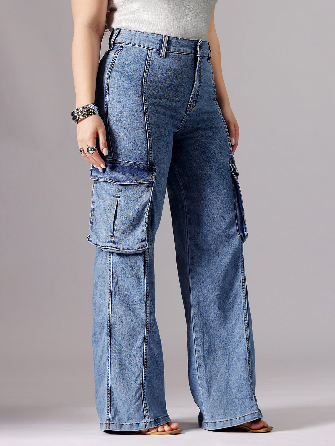 24/7 Comfort Blue Wide-Leg High-Rise Clean-Look Regular-Length Stretchable Patch-Pocketed Denim Jeans