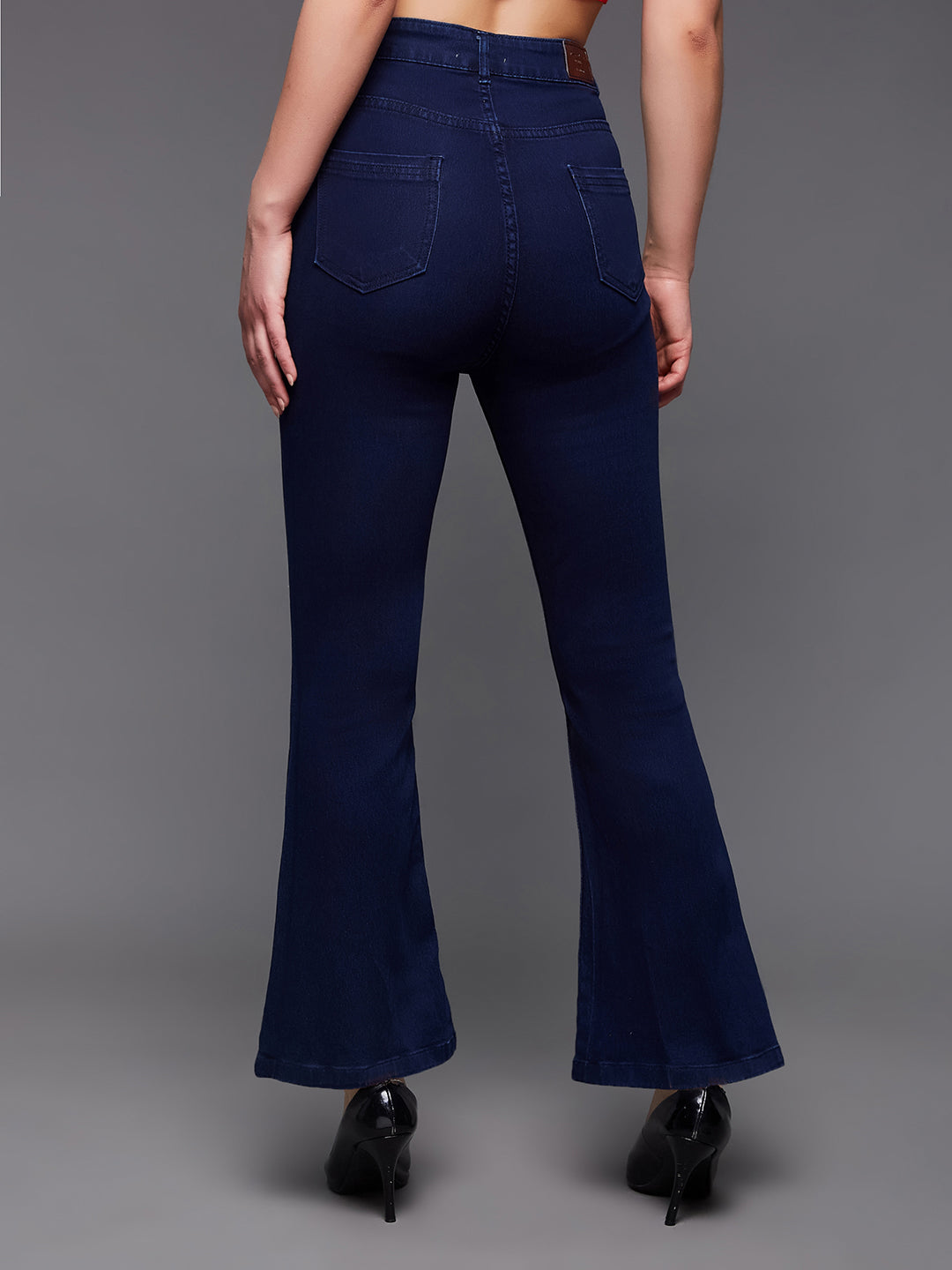 24/7 Comfort Navy-Blue Bell-Bottom Bootcut High-Rise Stretchable Denim Jeans for Women — Miss Chase