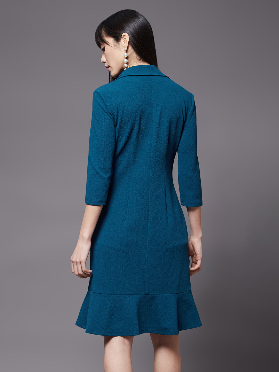 Women's Teal Solid Notched Collar 3/4 Sleeve Blazer Polyester Knee-Long Dress