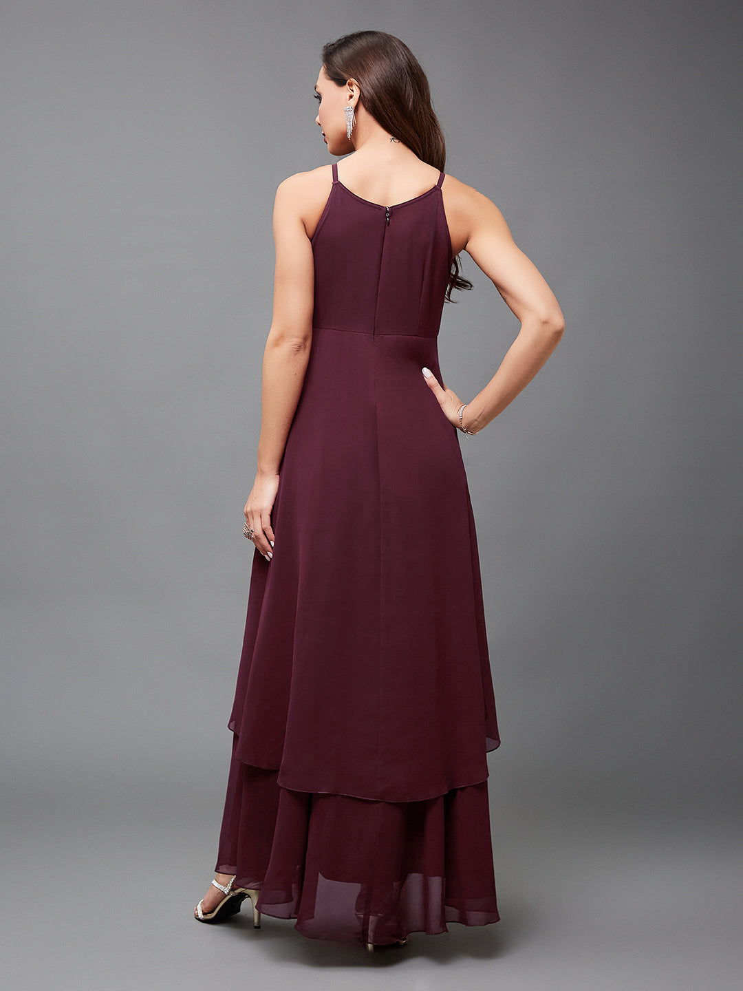 Women's Multicolored-Base-Wine Halter Neck Sleeveless Embellished Layered Georgette Maxi Dress