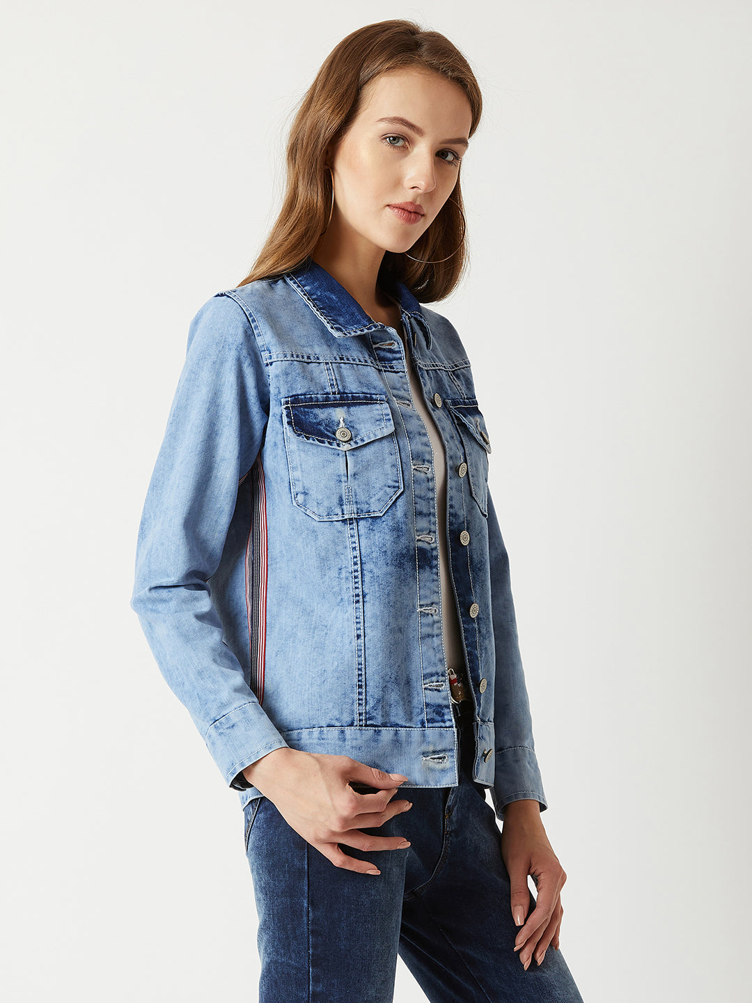 Women's Light Blue Collared Full Sleeve Denim Multicolored Twill Tape Detailing Denim Jacket
