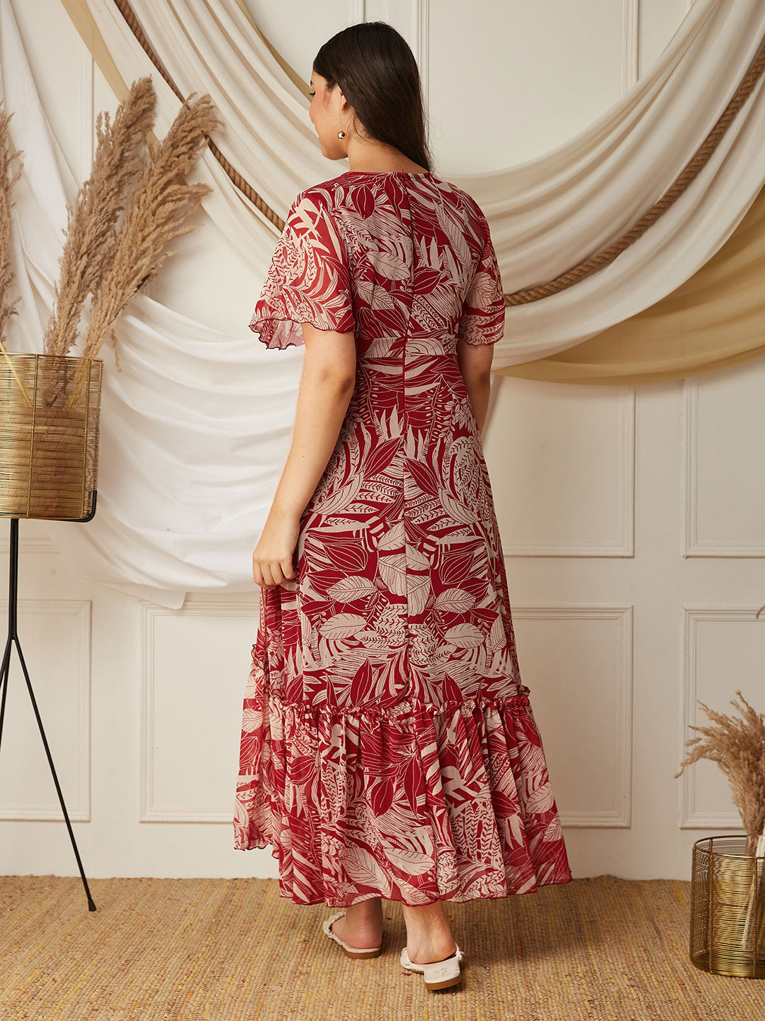 Multicolored-Base-Maroon V Neck Flared Sleeve Floral Wrap Maxi Dress