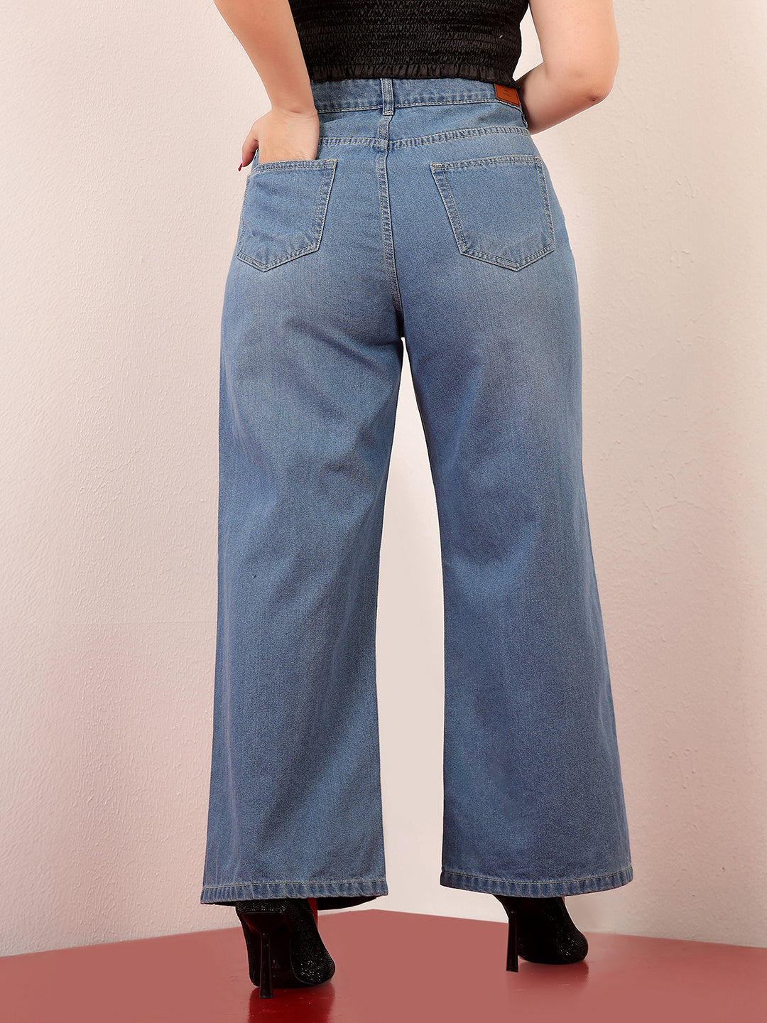 Women's Light Blue Wide-Leg High-Rise Clean-Look Regular-Length Non-stretchable Denim Jeans