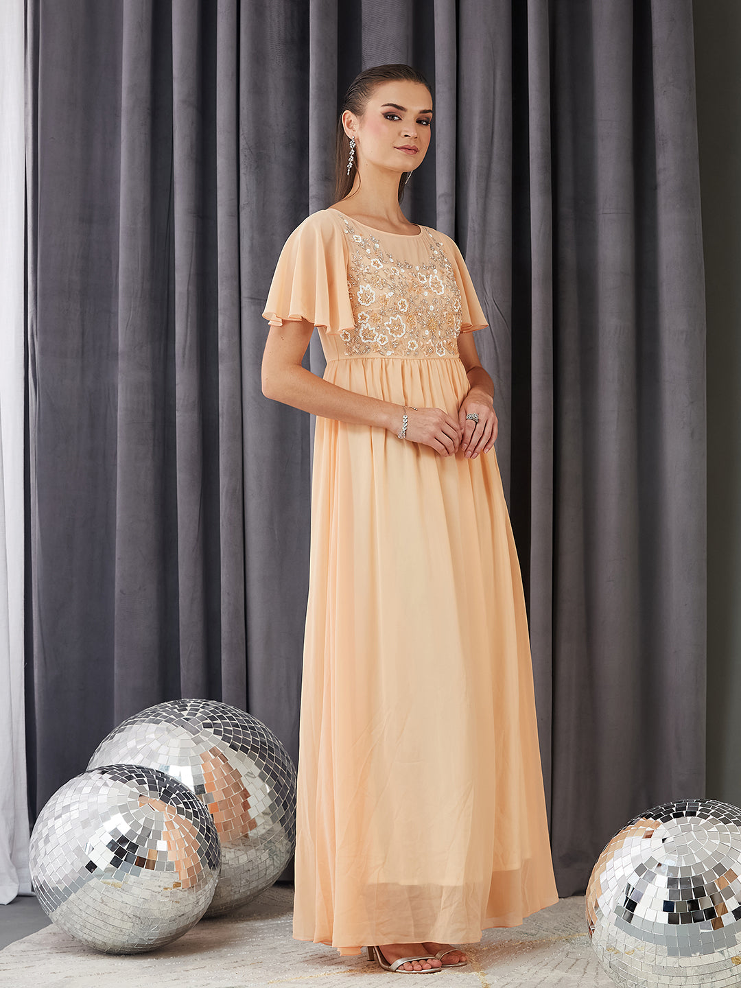 Women's Peach Boat Neck Half Sleeve Solid Embellished Georgette Maxi Dress