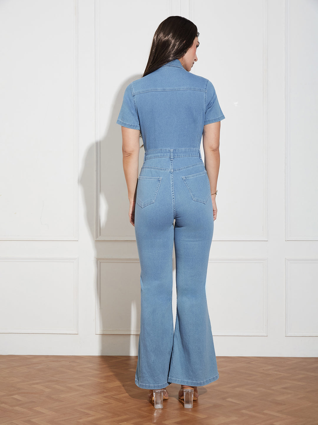 Women's Light Blue Flared High Rise Regular Length Stretchable Denim Jumpsuit