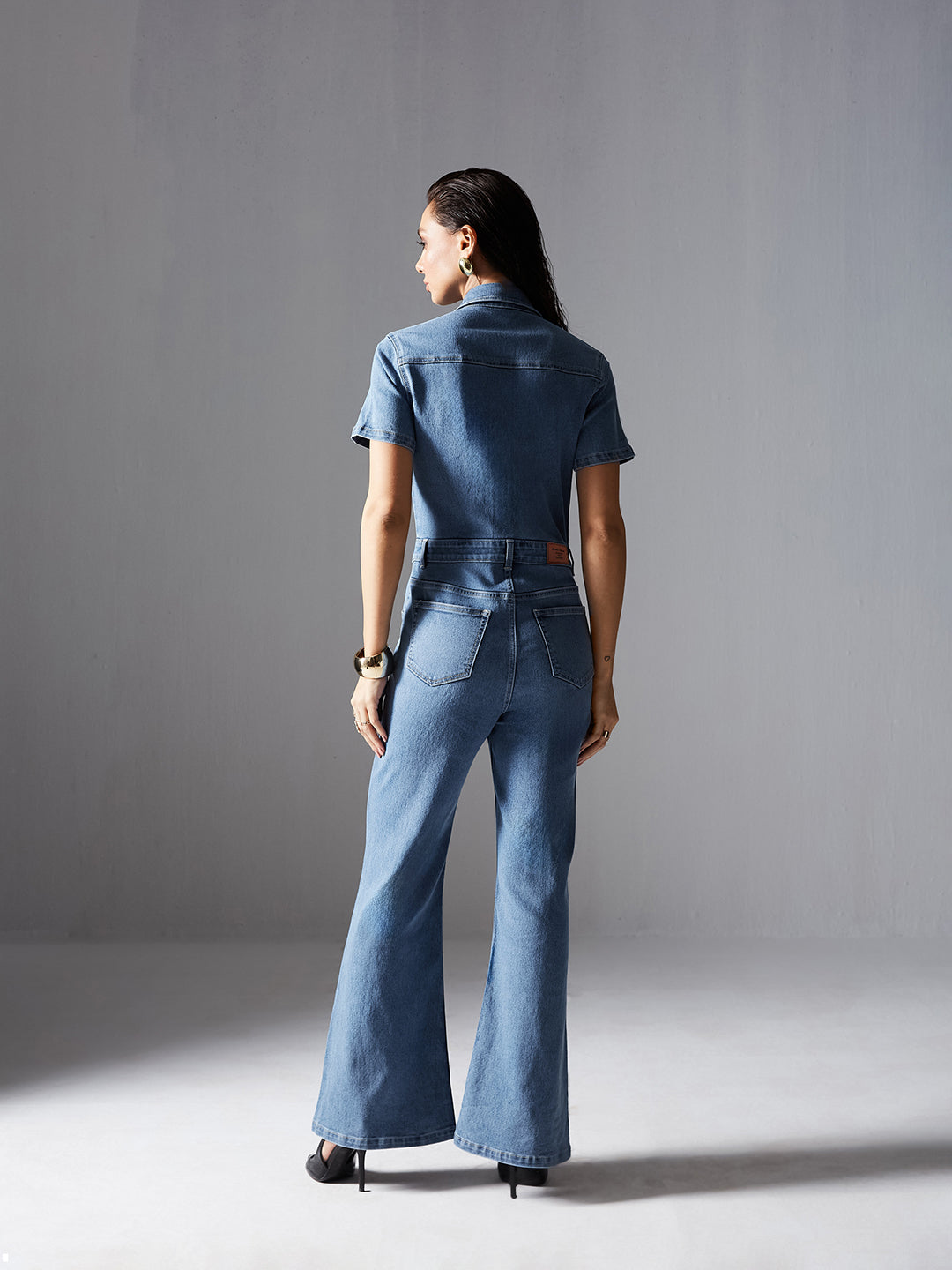 24/7 Women's Blue flared High-Rise Regular Stretchable Denim Jumpsuit
