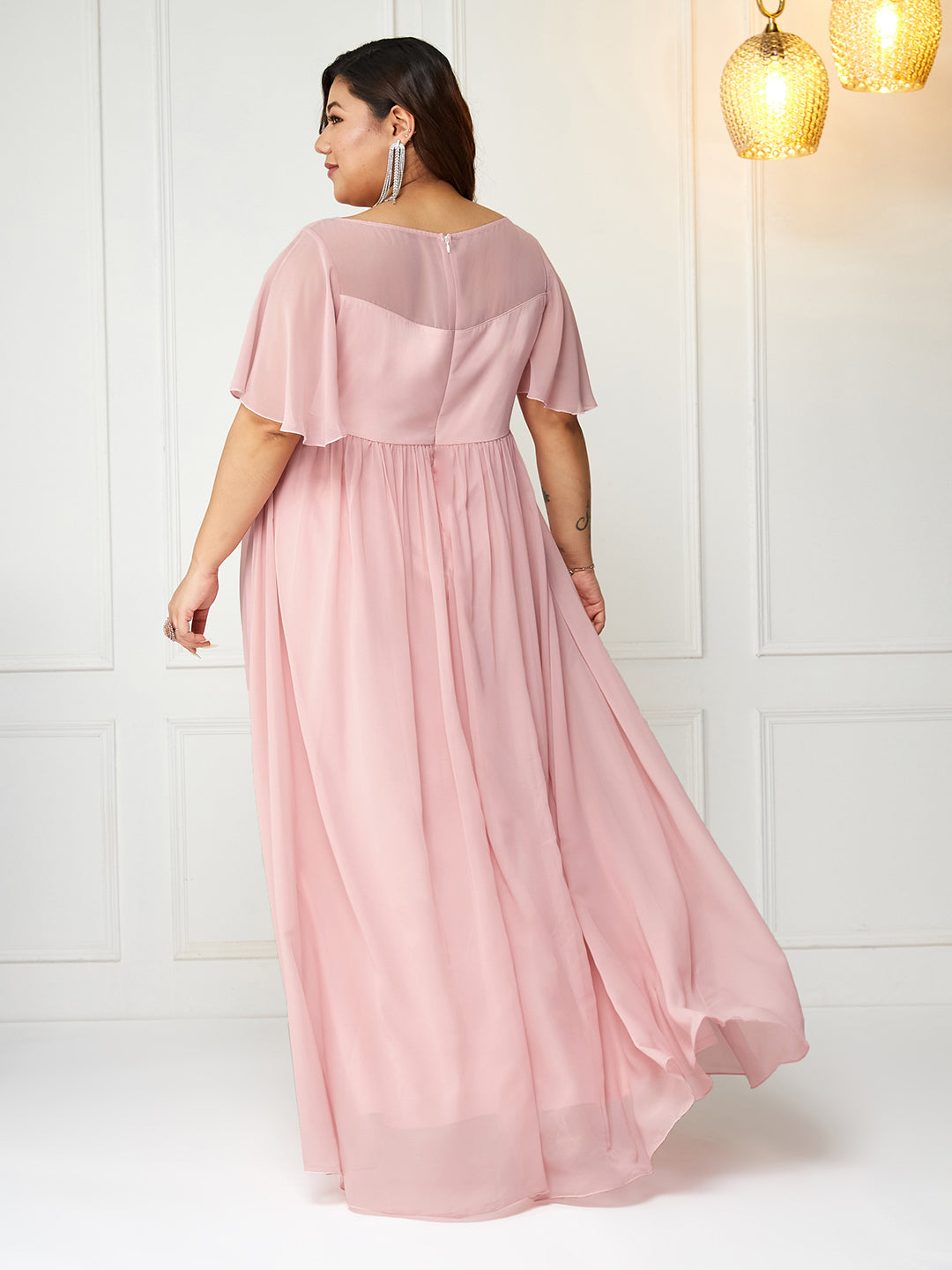 Light Pink Flared Sleeves Fit and Flare Sequinned Maxi Dress Long Dress Gown Frock for Women |