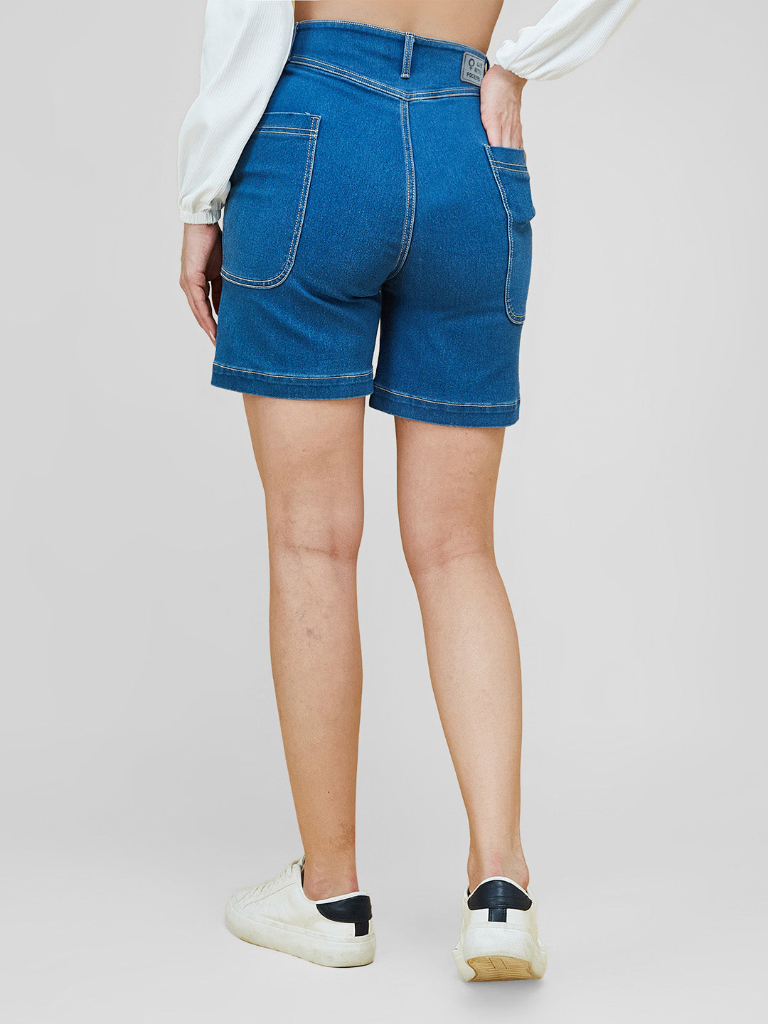 Relaxed-Fit Mid-Rise Clean-Look Stretchable Blue Denim Bermuda Shorts for Women
