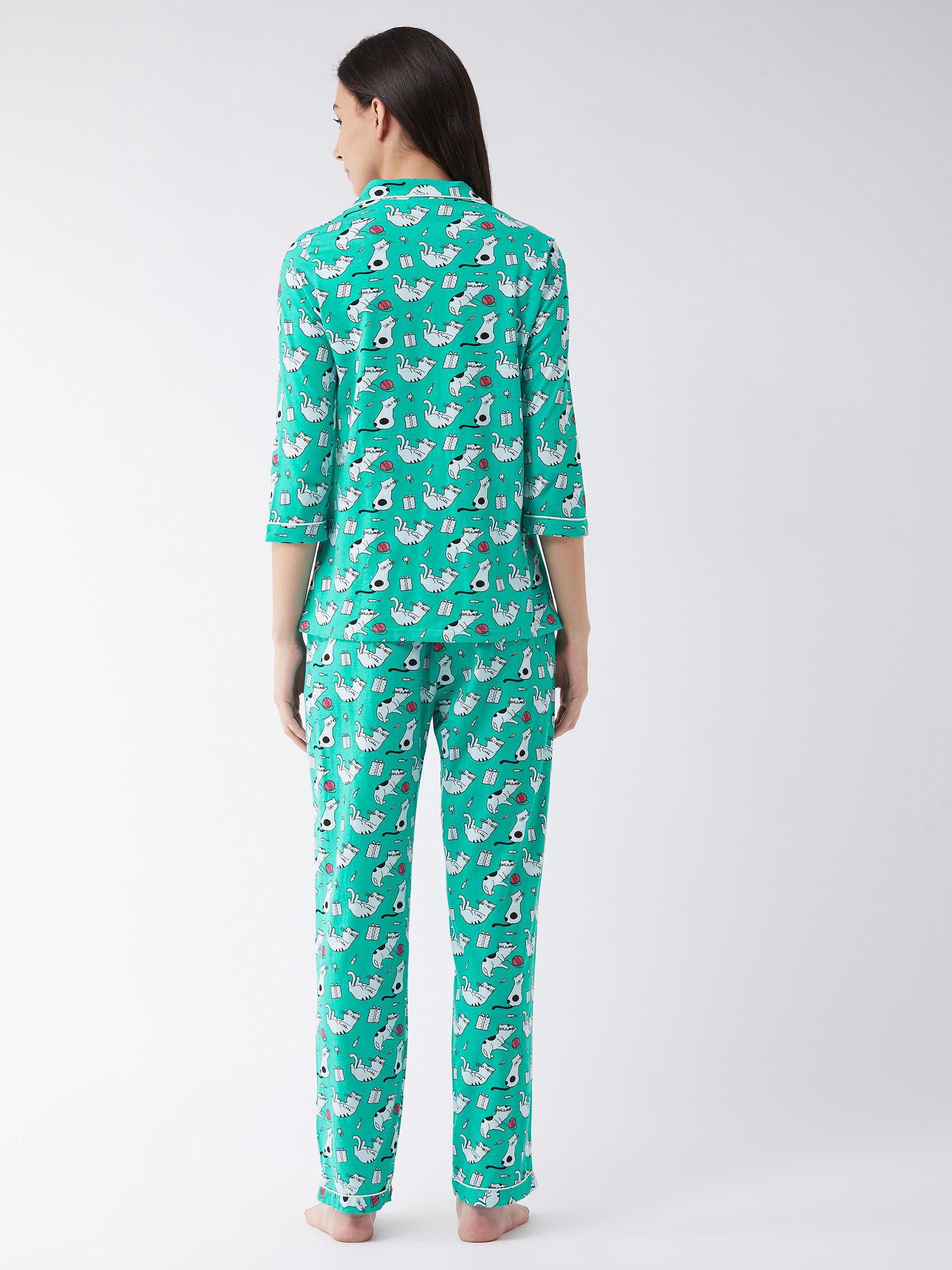 Women's Mint Green Printed Cotton Relaxed Fit Collared 3/4th Sleeve Regular Length Night Suit Set