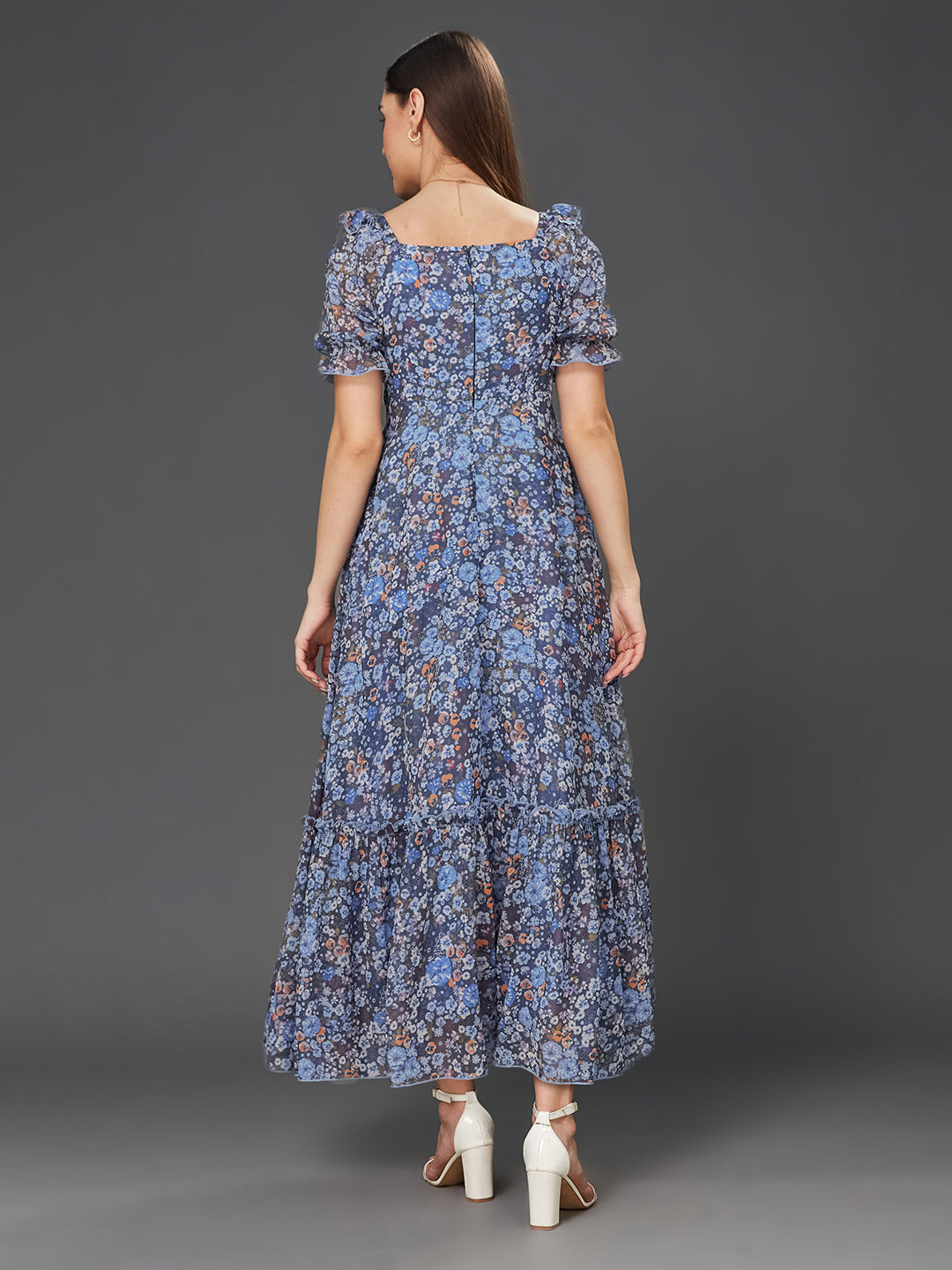Navy Blue Multicoloured Floral Printed Puff Sleeves Sweetheart Neck Fit and Flare Maxi Dress Long Dress Frock
