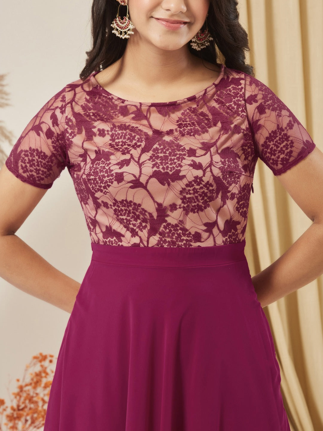 Dark Pink Round Neck Half Sleeve Self-Designed Fit & Flare Georgette Maxi Dress for Girls/Teenagers