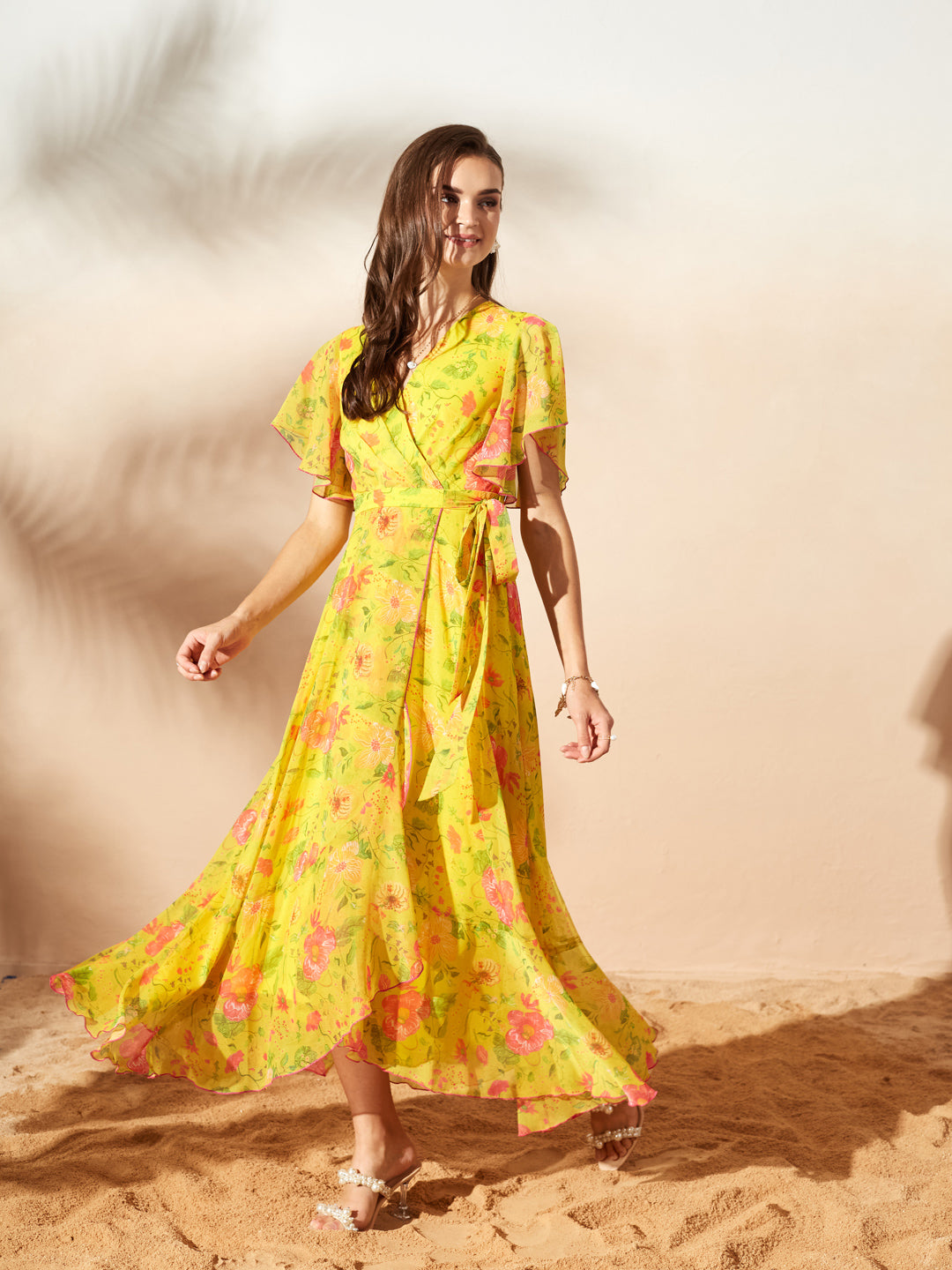 Acid Yellow V-Neck Flared Floral Overlap/Tie-Up Maxi Chiffon Dress for Women