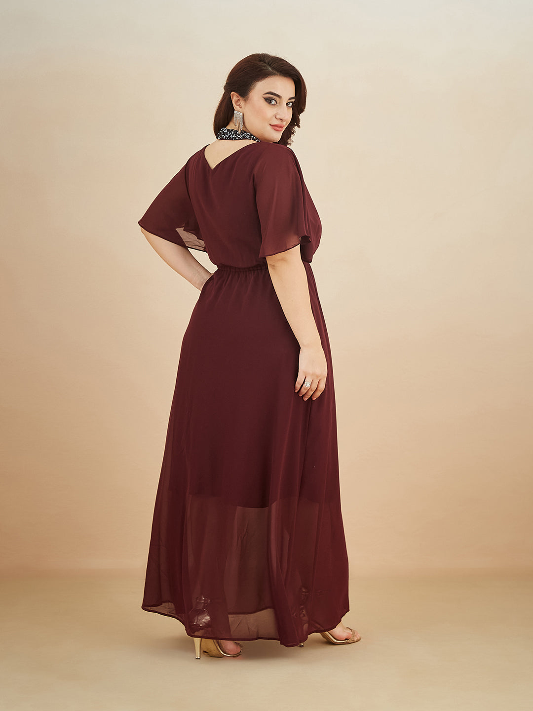 Wine Red Round Neck Flared Solid Embellished Choker/Gathered Maxi Dress for Women