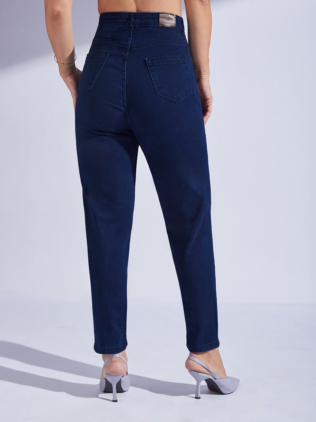 Navy Blue High Rise Clean Look Regular-Length Stretchable Denim Mom Jeans for Women