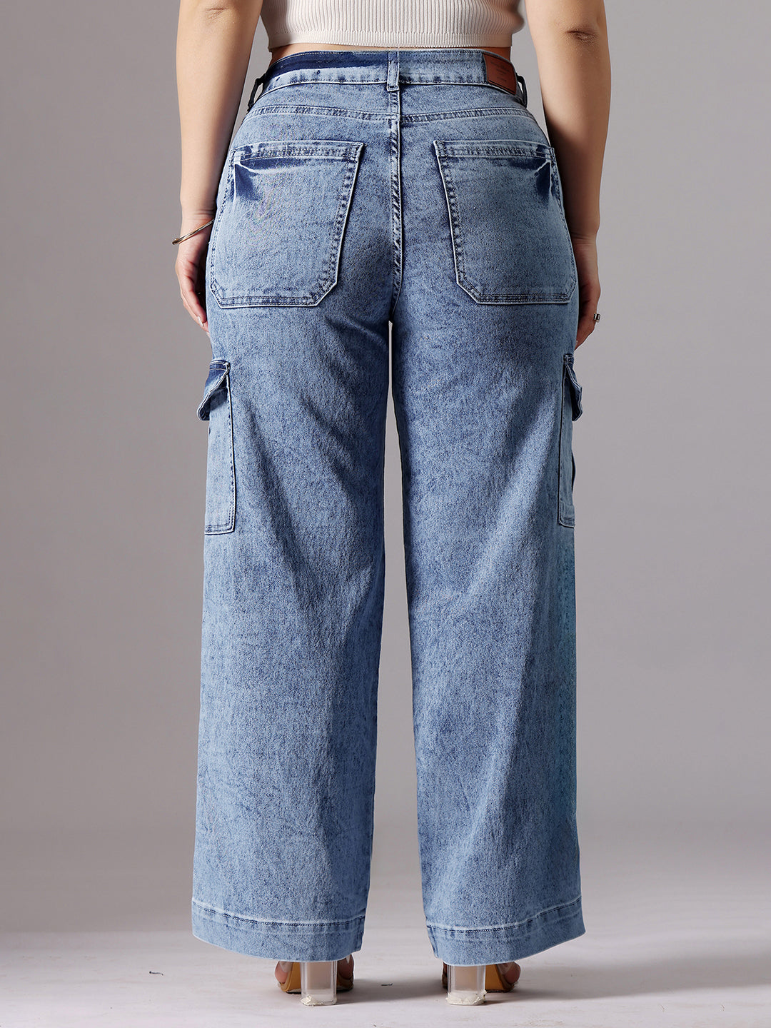24/7 Comfort Light Blue Wide-Leg High-Rise Clean-Look Regular-Length Stretchable Flared Cargo Style Denim Jeans