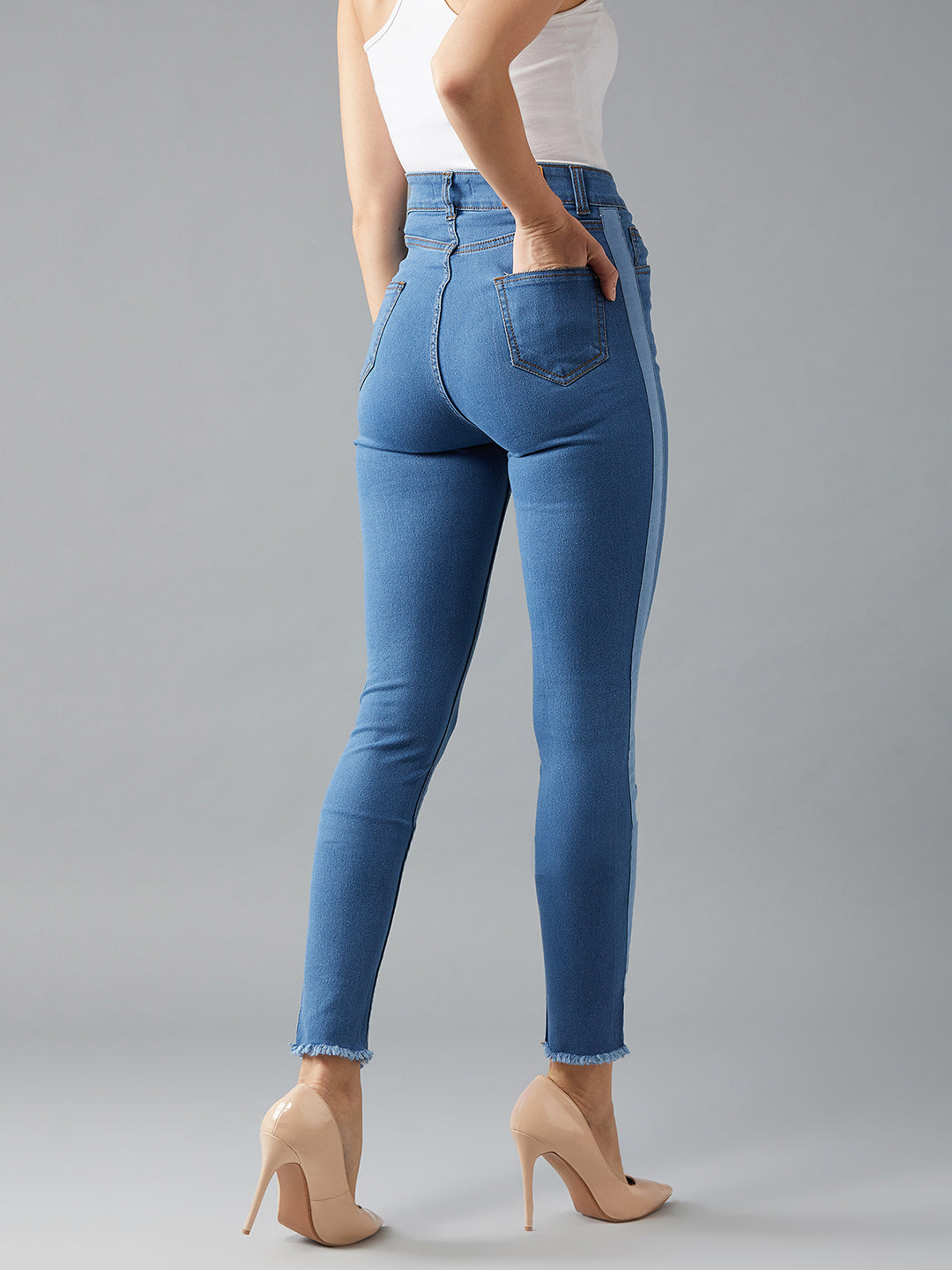 Women's Blue Skinny High-Rise Clean-Look Fringe And Silky Denim Tape Detailing Cropped Denim Jeans