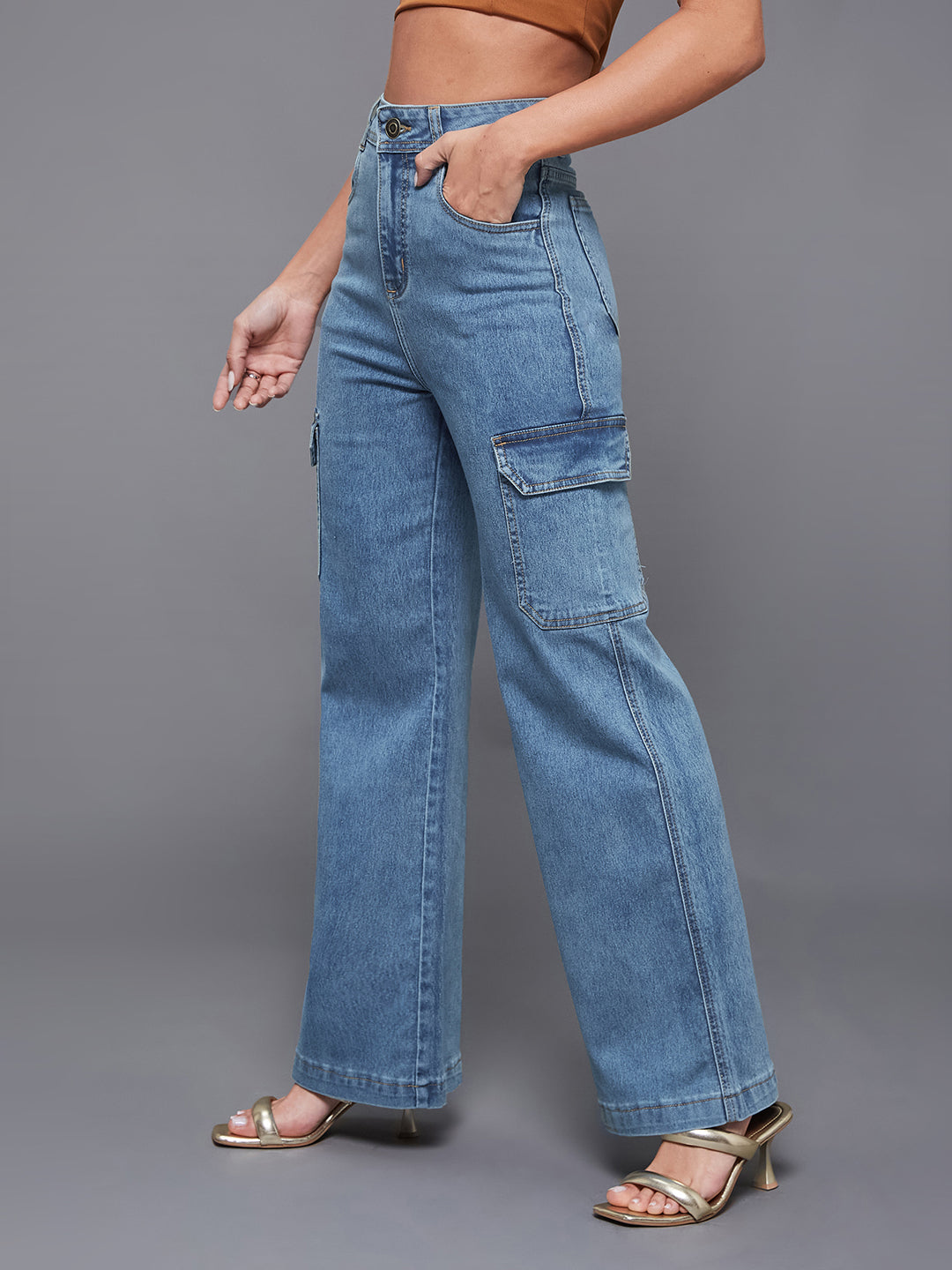 24/7 Comfort Blue Wide-Leg High-Rise Stretchable Cargo Denim Jeans
