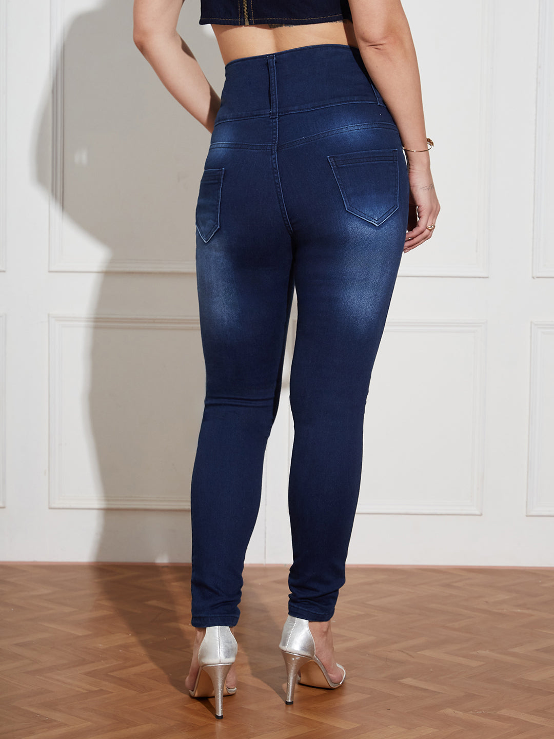 Women's Navy Blue Skinny Fit High Rise Clean Look Regular Length Double Knee Slit Stretchable High Waist Denim Jeans