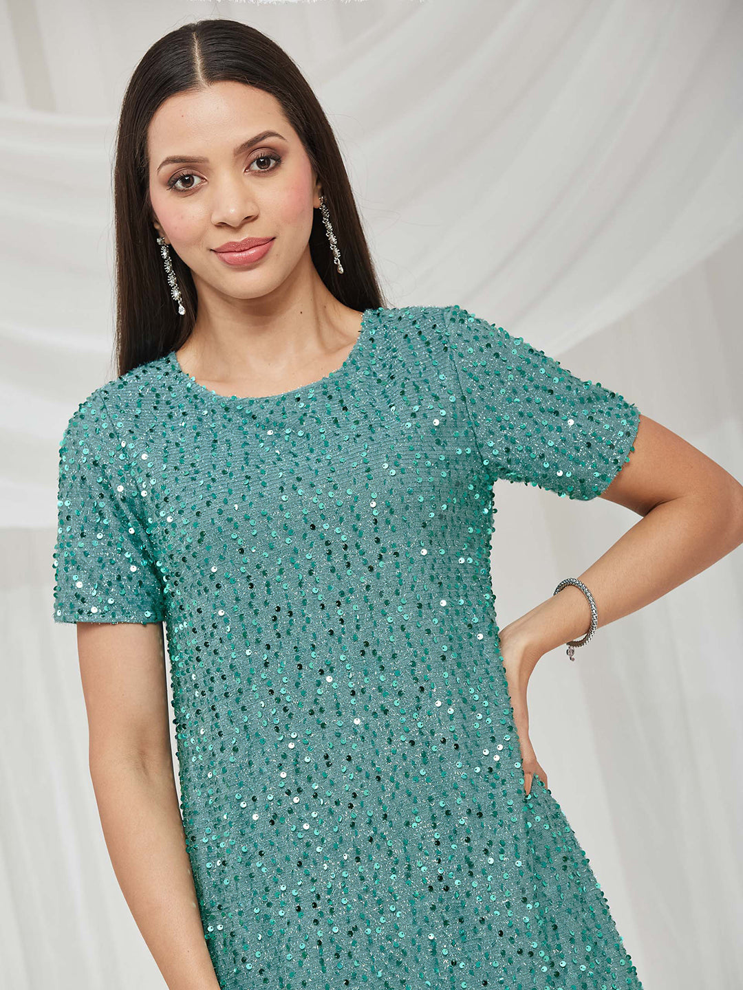turquoise Round Neck Half Sleeve Embellished A-Line/ T-Shirt Knee-Long Sequined Dress for Women — Miss Chase