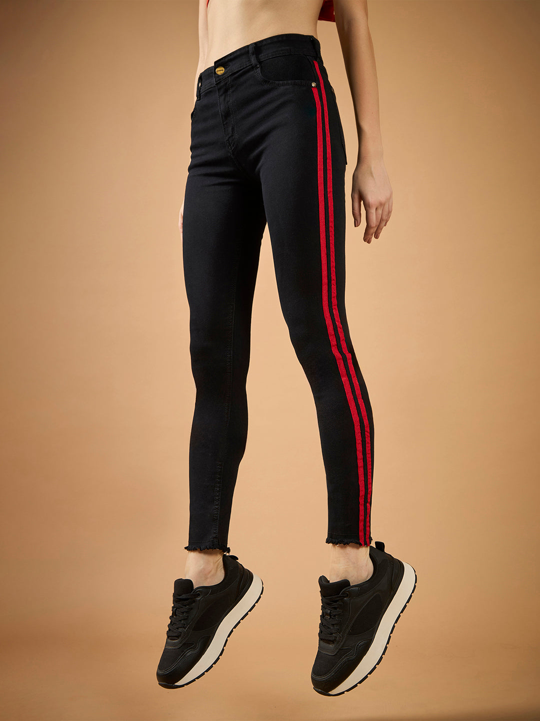 Women's Black Slim Fit High-Rise Clean-Look Regular-Length twill Tape Detailing Stretchable Denim Jeans