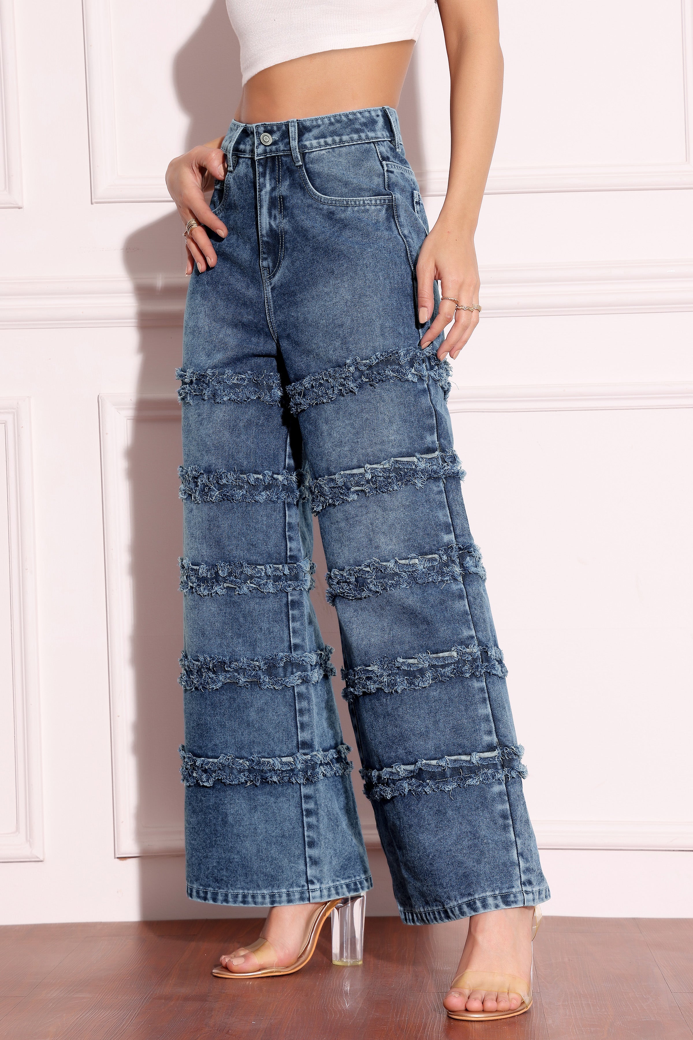 Women's Navy-Blue Wide-Leg High-Rise Highly-Distressed Regular-Length Denim Jeans