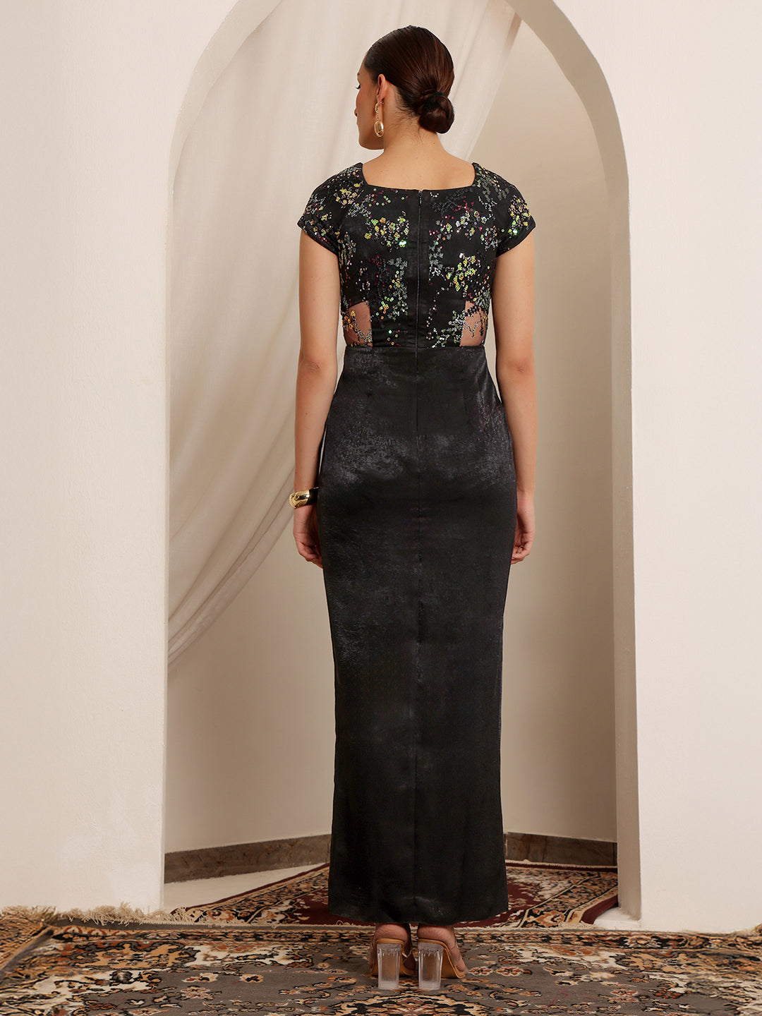 Women's Black Sweetheart-Neck Raglan-Sleeve Embellished Draped Maxi Velvet Dress