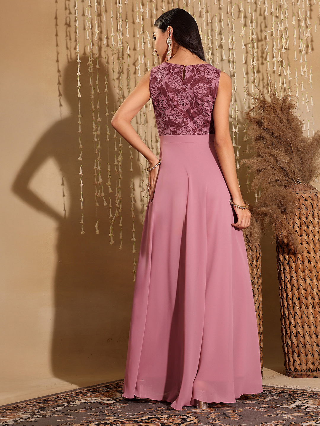 Lavender Sleeveless Fit and Flare Lace Dress for Women