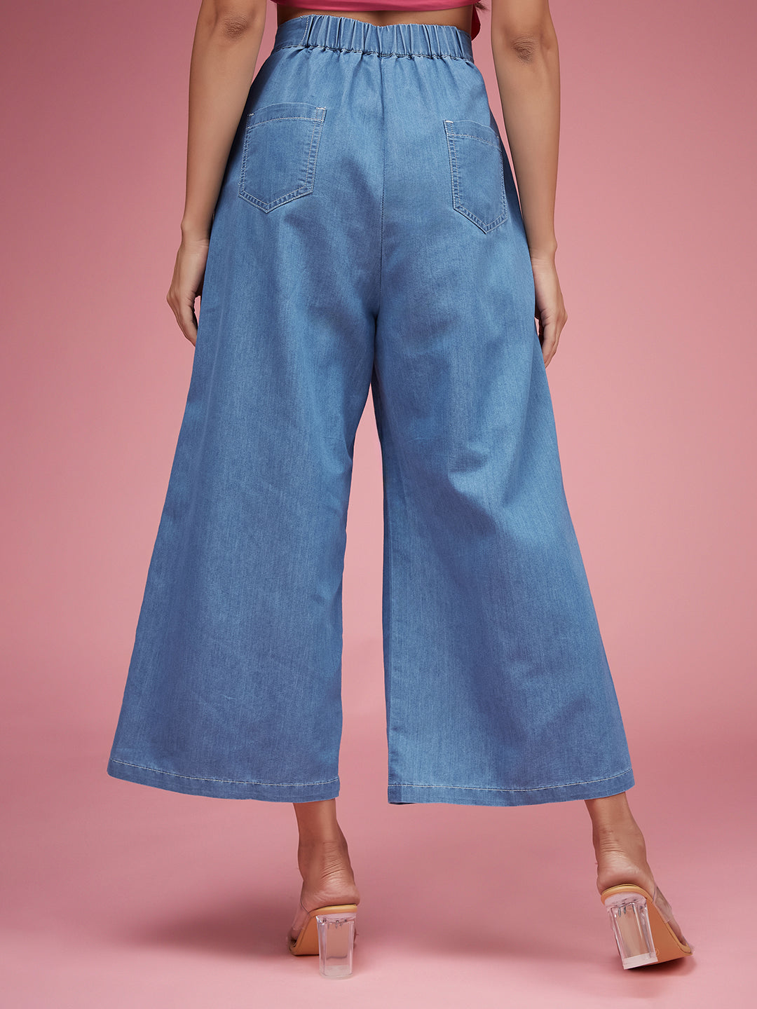 Women's Blue Flared Wide-Leg High-Rise Non Stretchable Light Weight Denim Culottes Pants