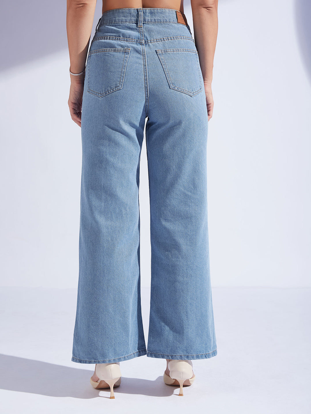 Women's Light Blue Wide-Leg High-Rise Non-stretchable Denim Jeans
