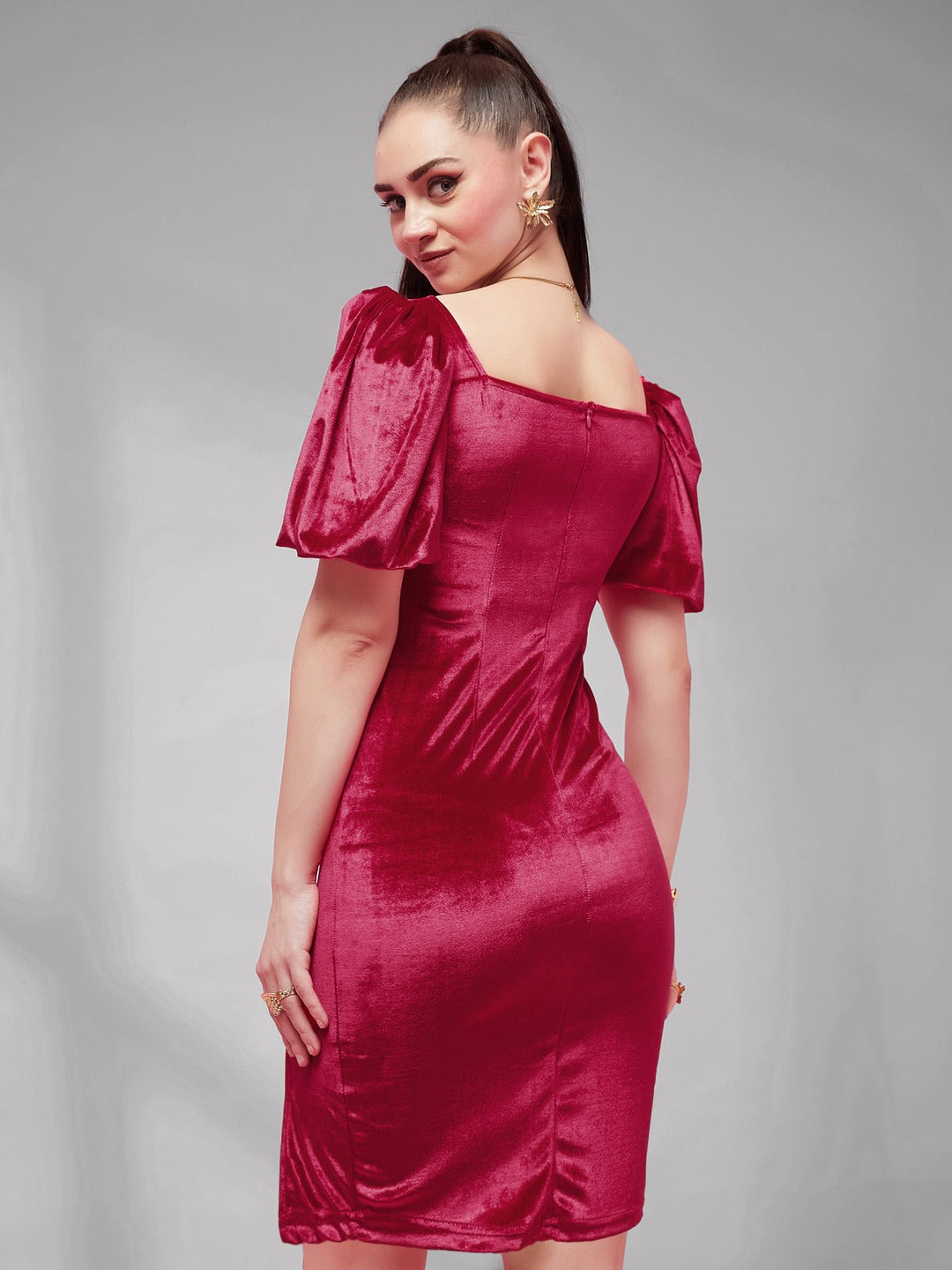 Fuchsia Pink Sweetheart Neck Half Sleeve Solid Bodycon Knee-Long Velvet Dress for Women